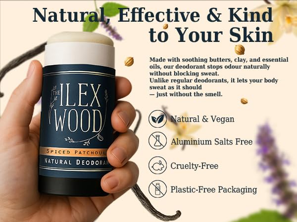 The Ilex Wood Natural Deodorant - 2.4fl oz. Handmade, Aluminum Salt Free, Plastic Free, Cruelty and Alcohol Free, Vegan, Eco Friendly Cardboard Tube – Spiced Patchouli (Spicy and Woody)