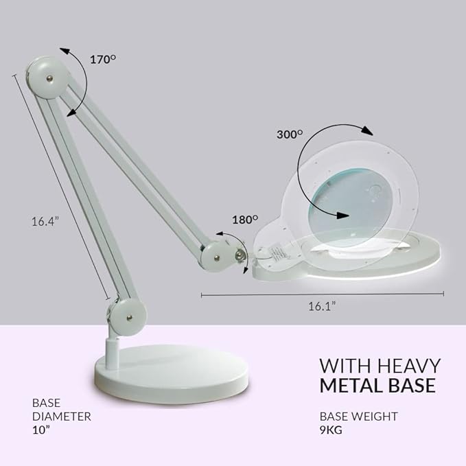 Neatfi XL Bifocal LED Magnifying Lamp, 7-Inch Acrylic Lens, 5D/20D Magnification, Hands-Free, Dimmable, 84 SMD LED, Adjustable Arm for Crafts, Reading, Close Work (White, with Base)