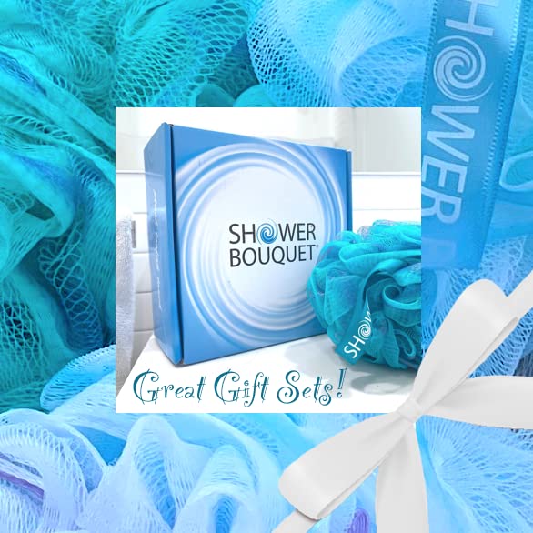 SHOWER BOUQUET Loofah-Bath-Sponge XL Swirl-Mix-Color 4-Pack // Extra-Large 75g Mesh Luffa Loofa Loufa Puff Pouf Set/Exfoliating Body Scrubber for Women and Men - Exfoliate & Soothe Face & Body