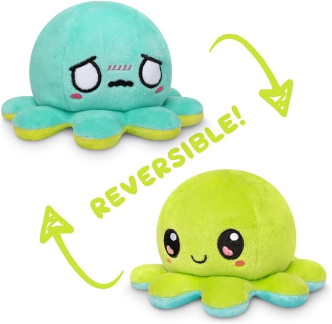 TeeTurtle - The Original Reversible Octopus Plushie - Green Happy + Aqua Worried - Cute Sensory Fidget Stuffed Animals That Show Your Mood, 4 inch
