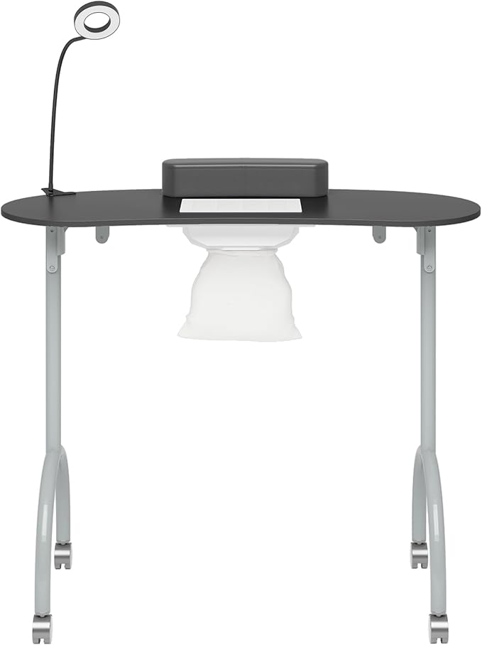 TABU Portable Manicure Nail Table, Foldable Manicure Table with Dust Collector Fan, LED Lamp, 4 Lockable Wheels and Carry Bag, Professional Nail Desk with Wrist Cushion (Black)