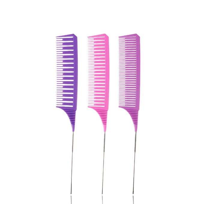SKYPIA 3 Piece Professional Dyeing Hair Comb Set, Highlight Combs for Hair Stylist Weaving Styling Brush Set with Long Stainless Steel Rat Tail Stylist Combs, Purple & Pink