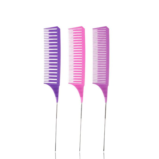 SKYPIA 3 Piece Professional Dyeing Hair Comb Set, Highlight Combs for Hair Stylist Weaving Styling Brush Set with Long Stainless Steel Rat Tail Stylist Combs, Purple & Pink