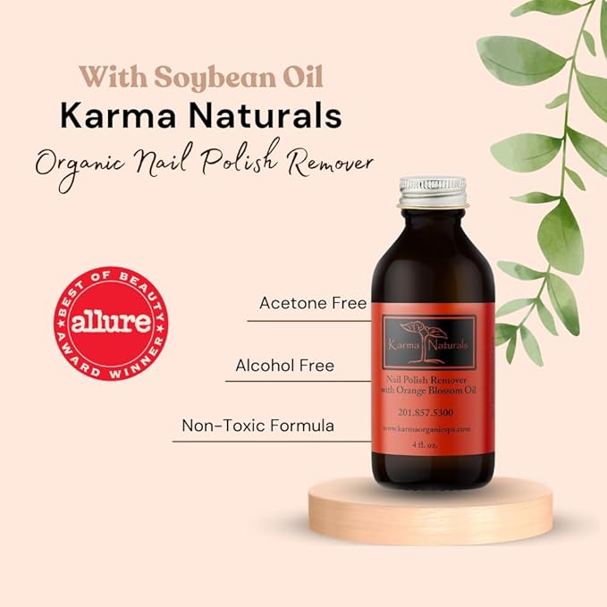 Karma Organic Nail Polish Remover with Soybean Oil and Orange Blossom Oil- Non Toxic, Vegan, Cruelty Free, Acetone Free – Nails Strengthener for Fingernails –12 fl. Oz. (3 Pack)