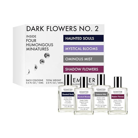 DEMETER Dark Flowers No. 2 Humongous Miniature Set of 4 Colognes, Haunted Souls - Mystical Blooms - Shadow Flowers - Ominous Mist, Perfumes for Women, 0.5 Oz Each