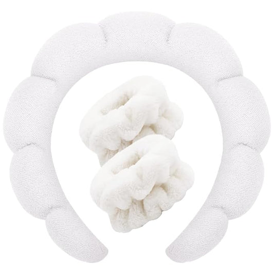 Spa Headbands for Washing Face Wristband Set Sponge Makeup Skincare Headband Wrist Towels Bubble Soft Terry Towel Cloth Hairband for Women Puffy Headwear Non Slip Thick Thin Hair Headwear (White)
