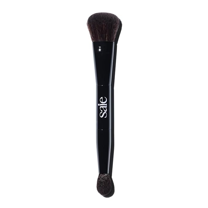 Saie The Double Brush - Dual Ended Makeup Brush For Powder and Cream Formulas - 2 Ultra-Soft Makeup Brushes in 1 for Precise + All-Over Application - Conceal, Highlight, and Sculpt - Vegan (1 Count)