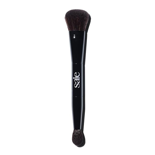 Saie The Double Brush - Dual Ended Makeup Brush For Powder and Cream Formulas - 2 Ultra-Soft Makeup Brushes in 1 for Precise + All-Over Application - Conceal, Highlight, and Sculpt - Vegan (1 Count)