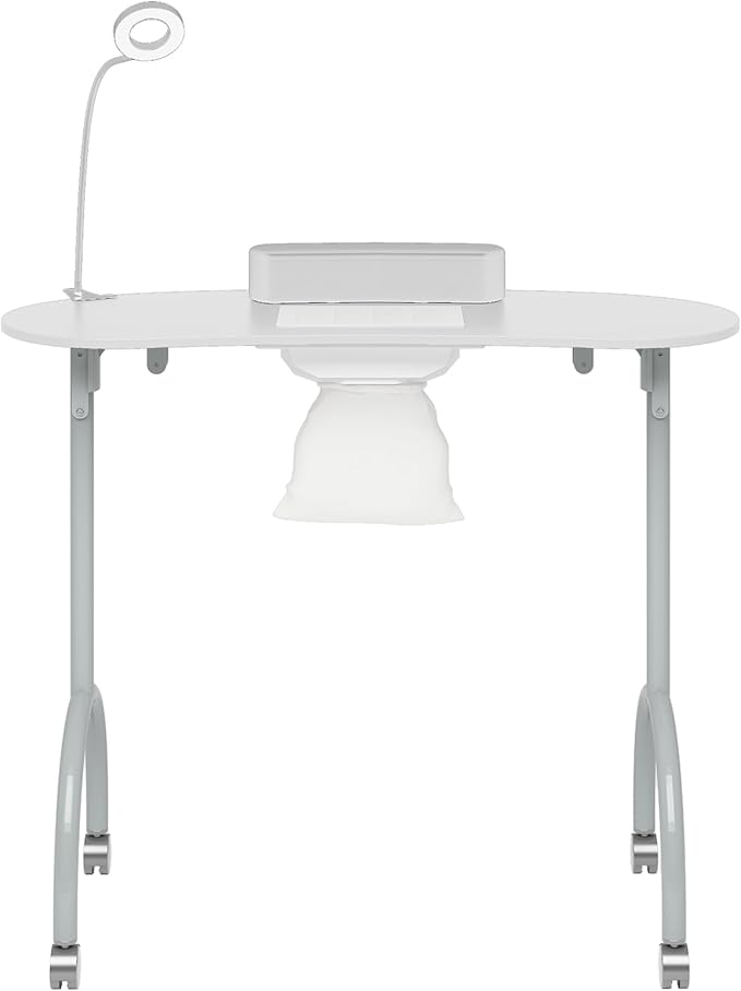 TABU Portable Manicure Nail Table, Foldable Manicure Table with Dust Collector Fan, LED Lamp, 4 Lockable Wheels and Carry Bag, Professional Nail Desk with Wrist Cushion (White)
