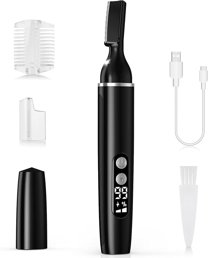 Eyebrow Trimmer Electric Eyebrow Razor with Digital Display LED Light, 2-Speed Eyebrow Shaver Rechargeable Face Trimmer for Men, Painless Facial Hair Remover for Upper Lip Peach Fuzz Mustache Arm Leg