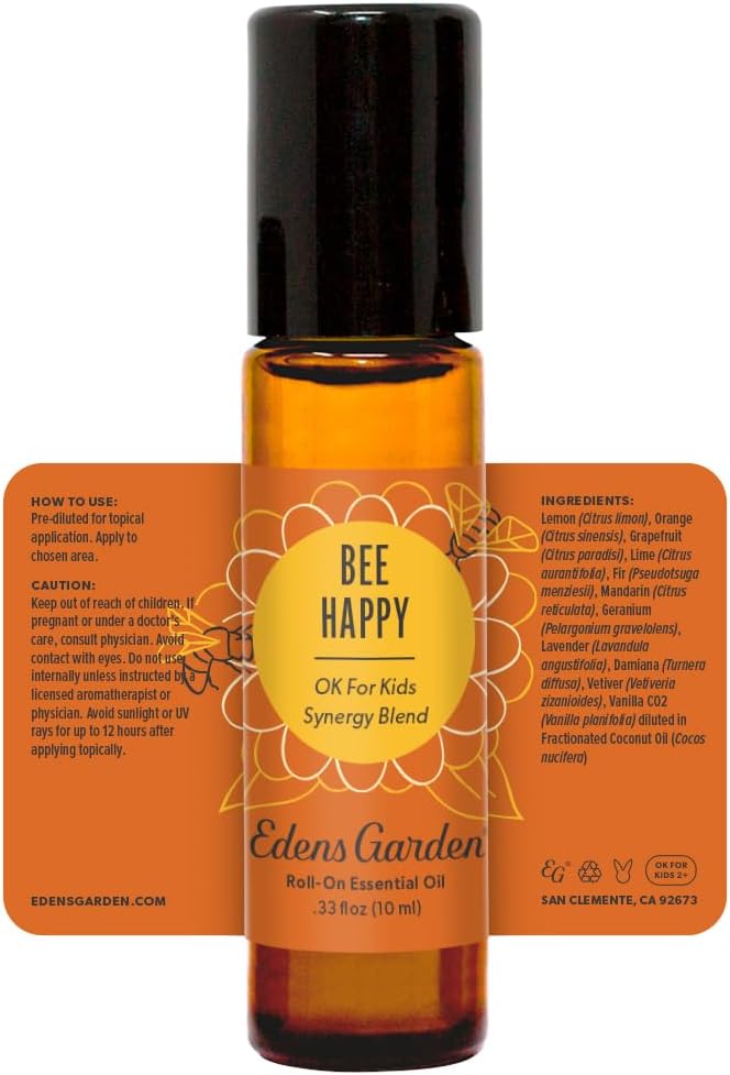 Edens Garden Bee Happy Essential Oil Roll-On Blend- 100% Pure Premium Grade, Natural, Therapeutic, Aromatherapy, Kid & Skin Safe, The Best for Relaxation, Tension Pre-Diluted 10 ml (.33 fl oz)
