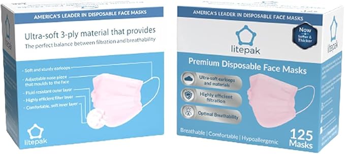 Litepak 125-Pack Disposable Face Mask Premium Comfort Earloops with Dispenser Box (Pink)