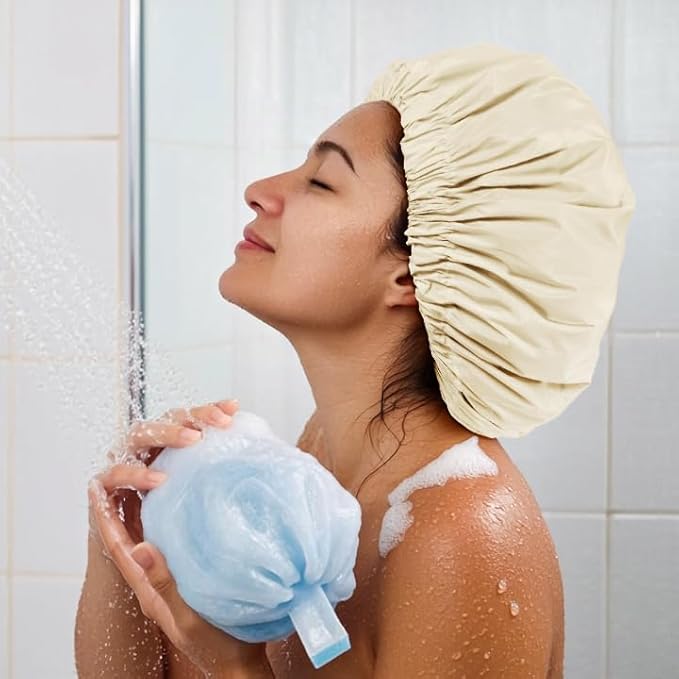 Reusable Shower Cap for Women, Large Waterproof Shower Essentials Bonnet Washable Elastic Band Bath Hair Wrap Hat for Long Hair, Braids(Champagne)