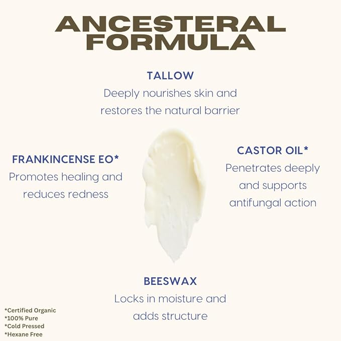 Handmade Tallow, Castor Oil, and Frankincense Oil Skin Balm - 100% Grass-Fed Tallow for Skin Care - Face & Body Moisturizer for Sensitive Skin, Eczema All-Purpose Balm - 2 FL. oz.