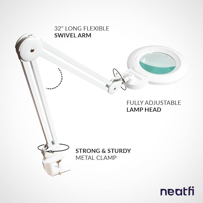 Neatfi XL Bifocal LED Magnifying Lamp, 7-Inch Lens, 5D/20D Magnification, Hands-Free, Dimmable, 84 SMD LED, Adjustable Arm for Crafts, Reading, Close Work (White, Glass Lens with Clamp)