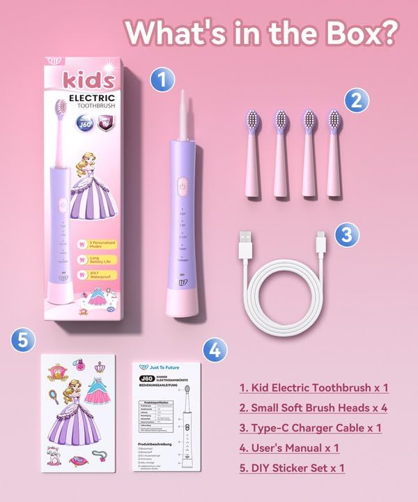 JTF Kids Electric Toothbrush Rechargeable: Sonic Tooth Brush with Smart Timer 5 Brushing Modes 4 Soft Brush Heads IPX7 Waterproof and DIY Sticker, Portable Pink Children Toothbrushes for Girl, Ages 3+