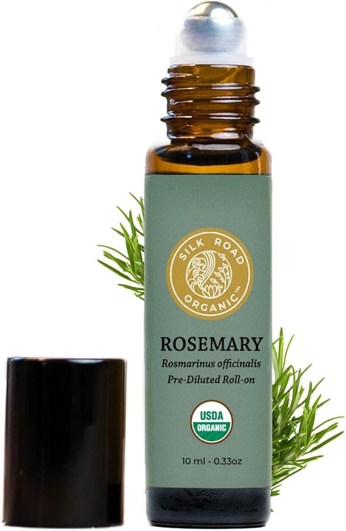 Silk Road Organic Rosemary Essential Oil & Jojoba Roll On, USDA Certified, Support Hair Growth & Health - 10 ml Aromatherapy Roller