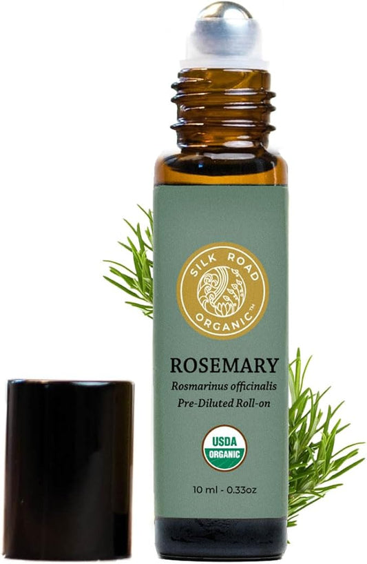 Silk Road Organic Rosemary Essential Oil & Jojoba Roll On, USDA Certified, Support Hair Growth & Health - 10 ml Aromatherapy Roller