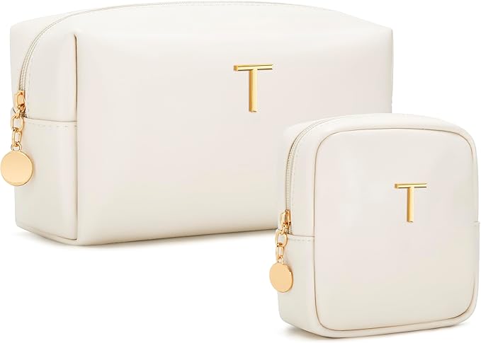 Personalized Christmas Gifts for Women - Initial Makeup Bag Birthday Gifts for Women Travel Toiletry Bag Cosmetic Bags with Soft PU Leather (Beige T)