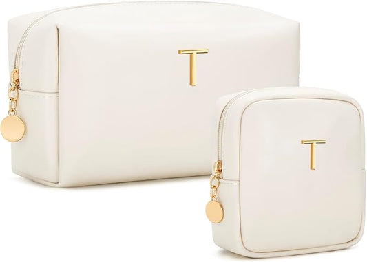 Personalized Christmas Gifts for Women - Initial Makeup Bag Birthday Gifts for Women Travel Toiletry Bag Cosmetic Bags with Soft PU Leather (Beige T)