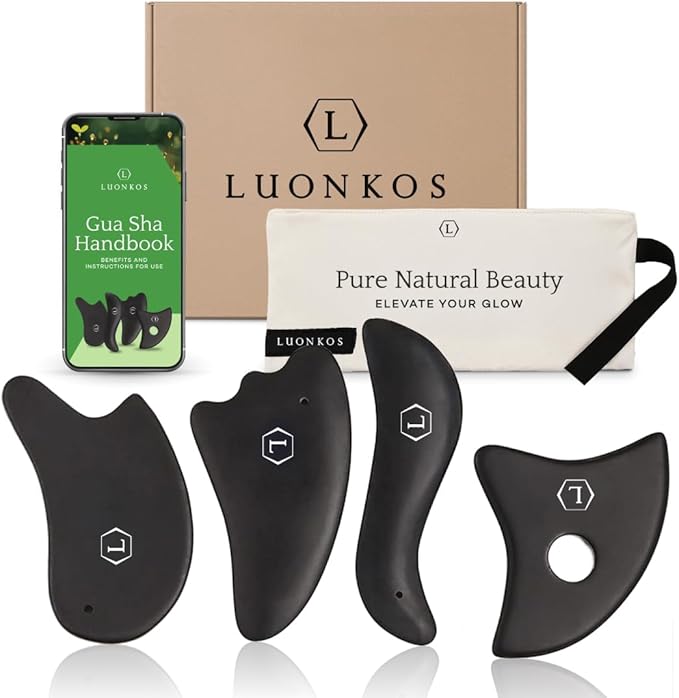 LUONKOS Gua Sha Facial Tools - Set of 4 Black - Large Bian Stone Guasha Tool for Body Massage - Lymphatic Drainage Massager with Polished Edges Glide Effortlessly for Daily Aesthetic Skincare Routine