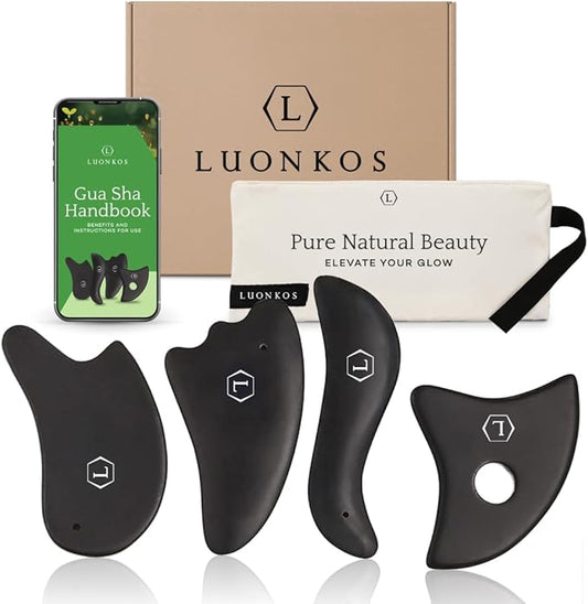 LUONKOS Gua Sha Facial Tools - Set of 4 Black - Large Bian Stone Guasha Tool for Body Massage - Lymphatic Drainage Massager with Polished Edges Glide Effortlessly for Daily Aesthetic Skincare Routine