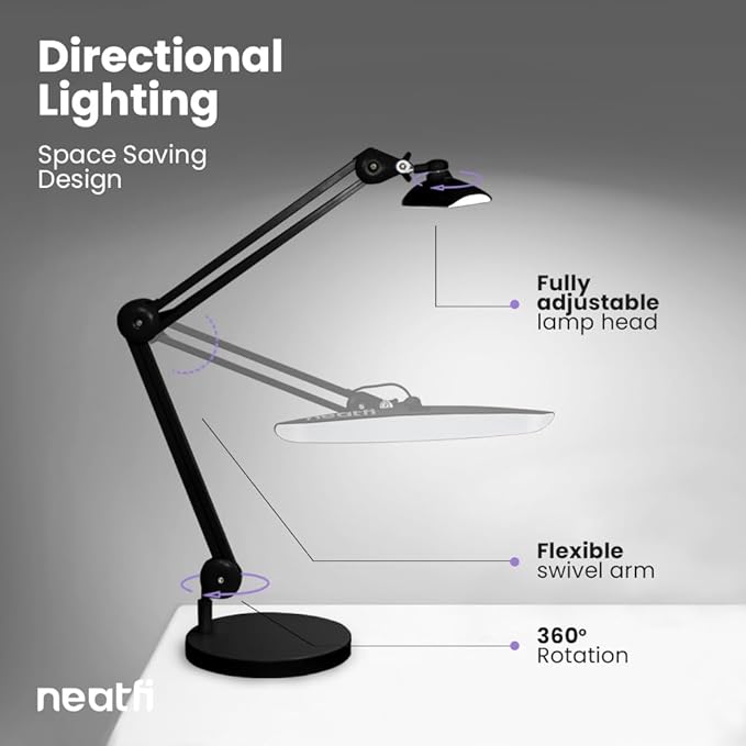 Neatfi XL 2,200 Lumens LED Task Lamp, 24W, 117 Pcs SMD LED, 4 Level Brightness, Dimmable, Desk Light for Home, Office, Workbench (Non-CCT with Base, Black)