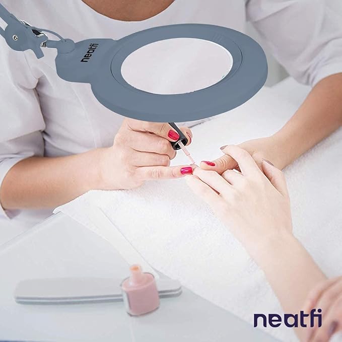 Neatfi XL Bifocal LED Magnifying Lamp, 7-Inch Acrylic Lens, 5D/20D Magnification, Hands-Free, Dimmable, 84 SMD LED, Adjustable Arm for Crafts, Reading, Close Work (Gray, with Clamp)