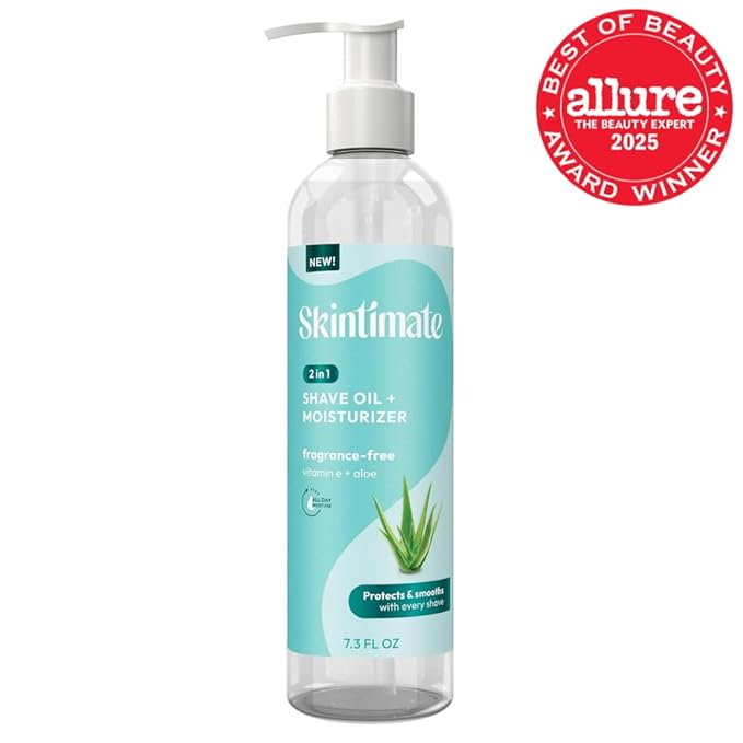 Skintimate 2-in-1 Shave Oil & Moisturizer, Fragrance Free, 7.3oz | Shaving Oil, After Shave for Women Bikini Area Moisturizer with Vitamin E and Aloe, Shaving Cream Alternative, 7.3 fl oz