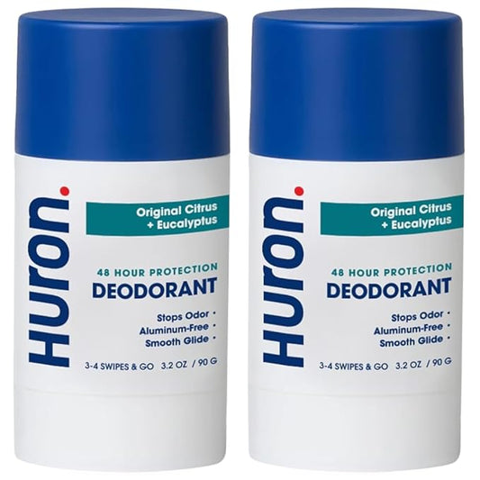 Huron Men’s Deodorant - Dermatologist & Clinically Tested 48 Hour Odor Protection - Aluminum Free Deodorant - 3.2 Oz - Original Citrus + Eucalyptus (2 Pack)