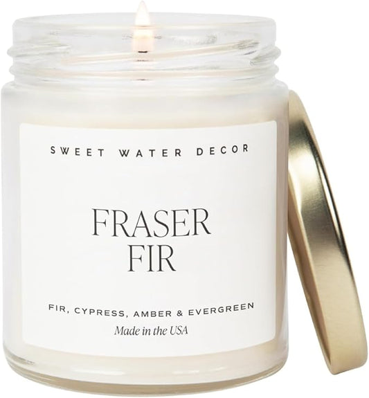 Sweet Water Decor Fraser Fir Candle | Evergreen, Cedar, Balsam, Pine Winter Christmas Tree Scented Soy Candles for Home | 9oz Clear Jar, 40 Hour Burn Time, Made in The USA