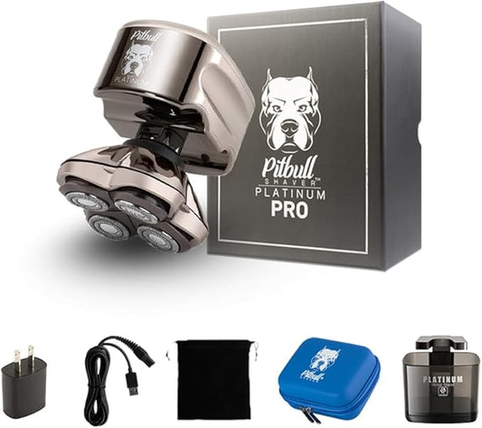Skull Shaver Pitbull Platinum PRO Head & Face Shaver Kit - Cordless Electric Shaver - Wet & Dry Shaving Capabilities - Comes with Travel Case, USB Charging Cable & Rinse Stand