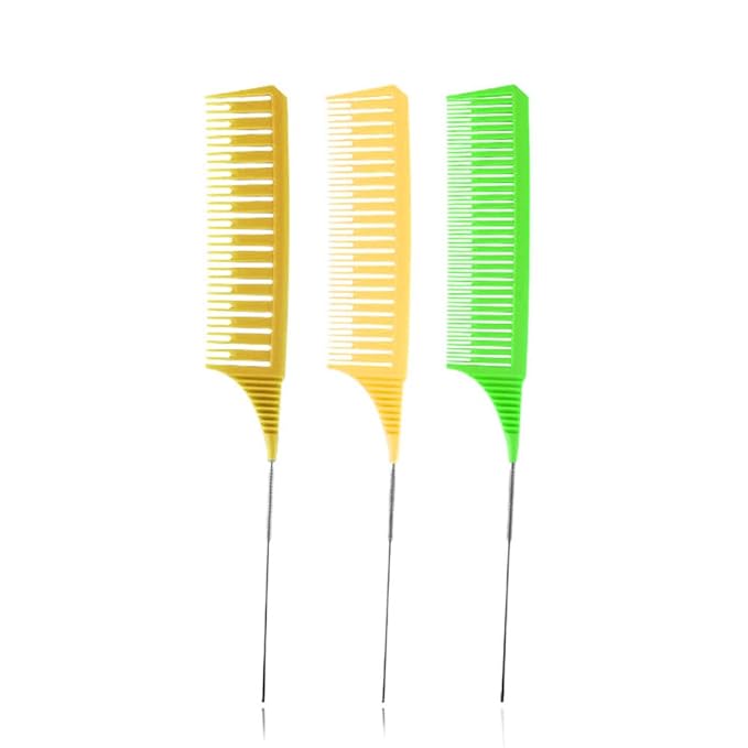 SKYPIA Hair Comb Set, 3 Piece Professional Dyeing Hair Comb Set Highlight Combs for Hair Stylist Weaving Styling Brush Set with Long Stainless Steel Rat Tail Stylist Combs for Hair (Yellow & Green)