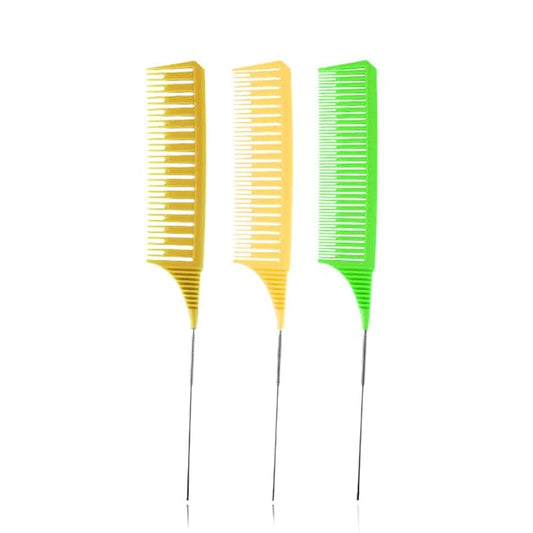 SKYPIA Hair Comb Set, 3 Piece Professional Dyeing Hair Comb Set Highlight Combs for Hair Stylist Weaving Styling Brush Set with Long Stainless Steel Rat Tail Stylist Combs for Hair (Yellow & Green)