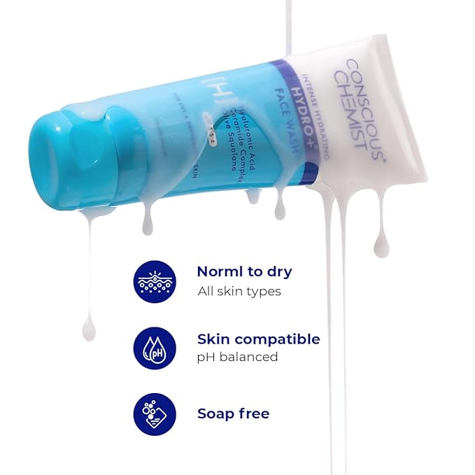 Conscious Chemist® Hydro+ Gentle Face Wash for Dry Skin | 100ml | Hydrating Facial Cleanser with Hyaluronic Acid, Ceramides & Ginseng | For Smooths & Softens Skin, Non Comedogenic | Men & Women