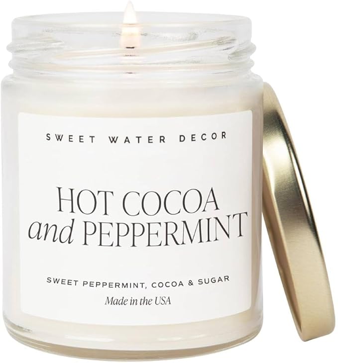 Sweet Water Decor Hot Cocoa and Peppermint Soy Candle - Chocolate, Peppermint, and Vanilla Holiday Scented Candles for Home - 9oz Clear Jar Candle with Gold Lid, 40+ Hour Burn Time, Made in The USA