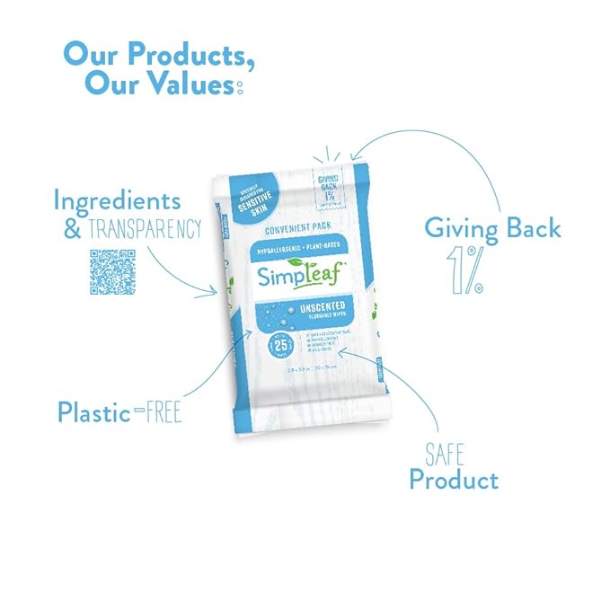 Simpleaf Flushable Wet Wipes Unscented | Eco-Friendly, Paraben & Alcohol Free | Hypoallergenic & Safe for Sensitive Skin | Soothing Aloe Formula | (6 x 25 Counts Convenient Pack) 150 Counts Total