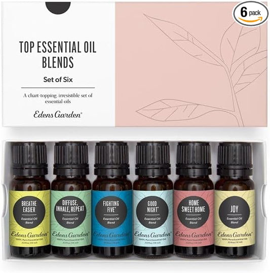 Edens Garden Top Essential Oil Blends 6 Set – 100% Pure Therapeutic Grade, Undiluted Natural Aromatherapy Oils for Diffusers & Home – Includes Fighting Five, Good Night & Joy, 10 ml/ 6 Pack