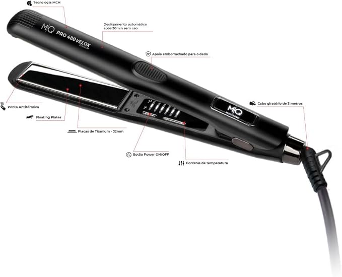 MQ Professional Hair Straightener - Pro 480 Velox Titanium Flat Iron - Brazilian Expertise - Fast Heating, Ergonomic Design – Ideal for Professional Use