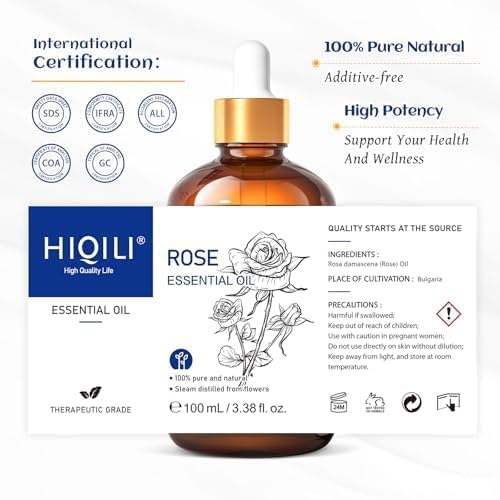 HIQILI 100ML Rose Essential Oil for Skin, Diffuser & Candle, 100% Pure and Natural - 3.38 Fl Oz