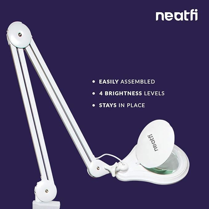 Neatfi 1,200 Lumens Super LED Magnifying Lamp with Clamp, Dimmable, Includes Microfiber Cleaning Cloth, 5 Inch Diameter Lens for Reading, Sewing, Crafting (White, 5 Diopter)