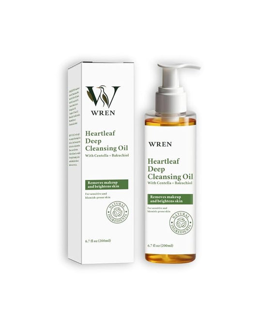 Wren Heartleaf Deep Cleansing Oil, Face Oil Cleanser for Makeup Removal, Blackhead & Pore Care, Skincare for Sensitive Skin, Brightens Skin – 6.76 fl oz (200ml)