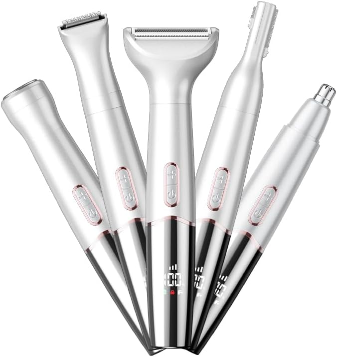 5-in-1 Rechargeable Nose & Ear Hair Trimmer - IPX7 Waterproof Dual Edge Grooming Kit for Men & Women, Perfect for Hair Removal of Nose, Eyebrows, Beard, Bikini, and Facial Hair (White)