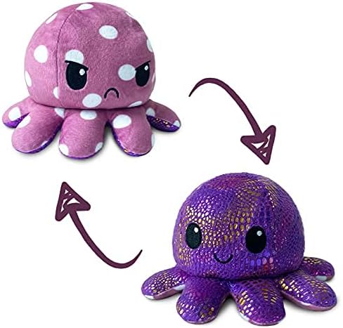 TeeTurtle - The Original Reversible Octopus Plushie - Purple Polka Dot + Shimmer - Cute Sensory Fidget Stuffed Animals That Show Your Mood