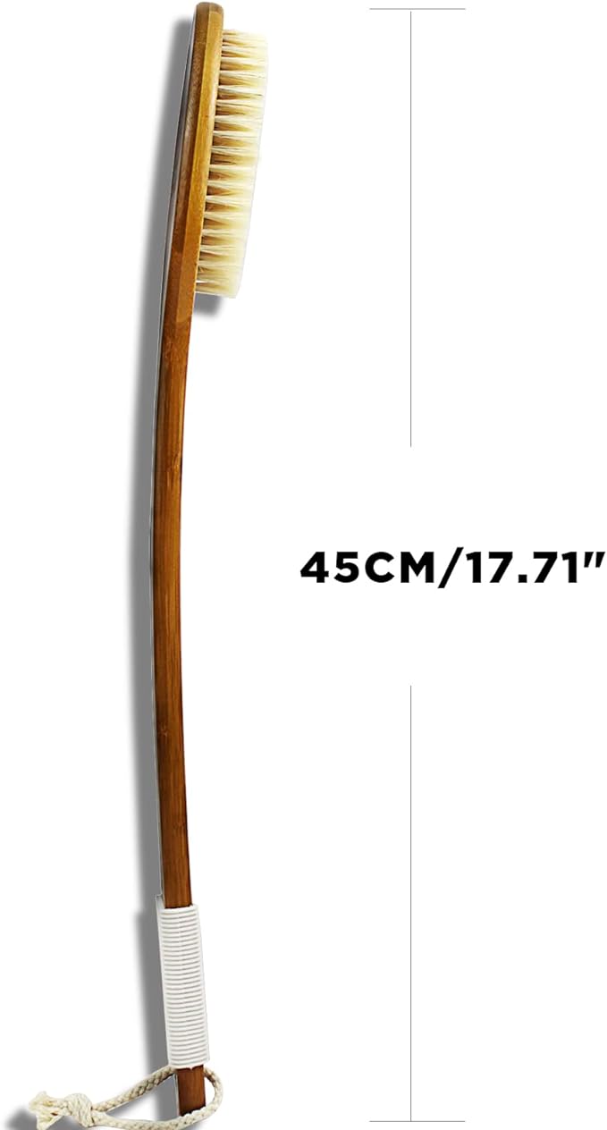 ICANdOIT-17.71Inch Natural Boar Bristles Anti-Slip Long Handle Bath Brush,Bent Handle Shower Scrubber for Exfoliating,Shower Back Brush,Exfoliation Set with Pumice Stone(2 Pack)