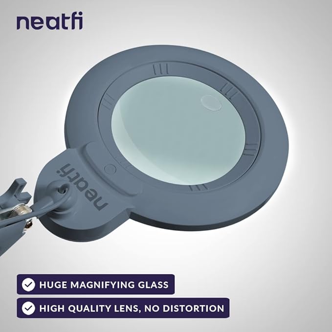 Neatfi XL Bifocal LED Magnifying Lamp, 7-Inch Acrylic Lens, 5D/20D Magnification, Hands-Free, Dimmable, 84 SMD LED, Adjustable Arm for Crafts, Reading, Close Work (Gray, with Clamp)