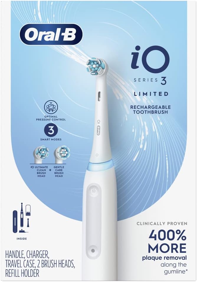 Oral-B iO Deep Clean Rechargeable Electric Powered Toothbrush, White with iO Series 3 Limited, 2 Brush Heads and Travel Case - Pressure Sensor to Protect Gums - 3 Cleaning Settings - 2 Minute Timer