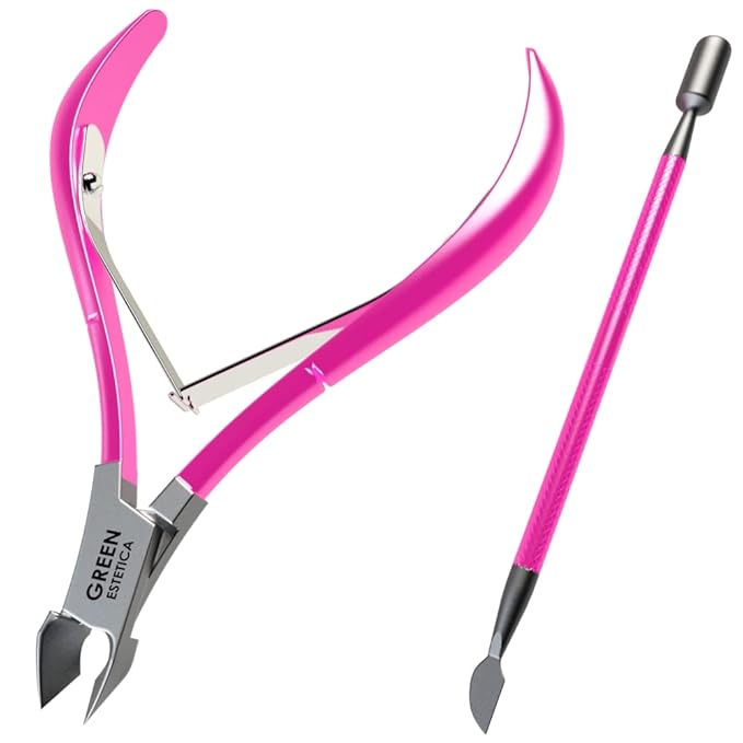 Professional Cuticle Trimmer with Cuticle Pusher Nail Cuticle Remover Nipper Silver Stainless Steel Sharp Blades Manicure Tools with Double Spring Nail Care Pedicure Nail Tools Home Spa (Pink)