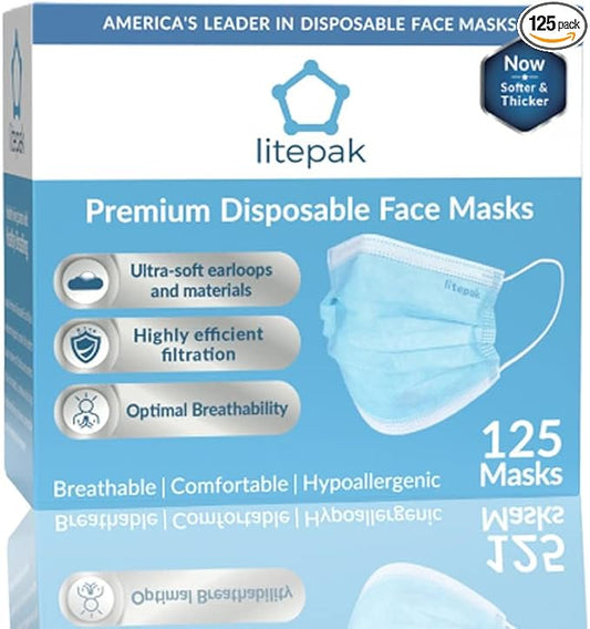 Litepak 125-Pack Disposable Face Mask Premium Comfort Earloops with Dispenser Box