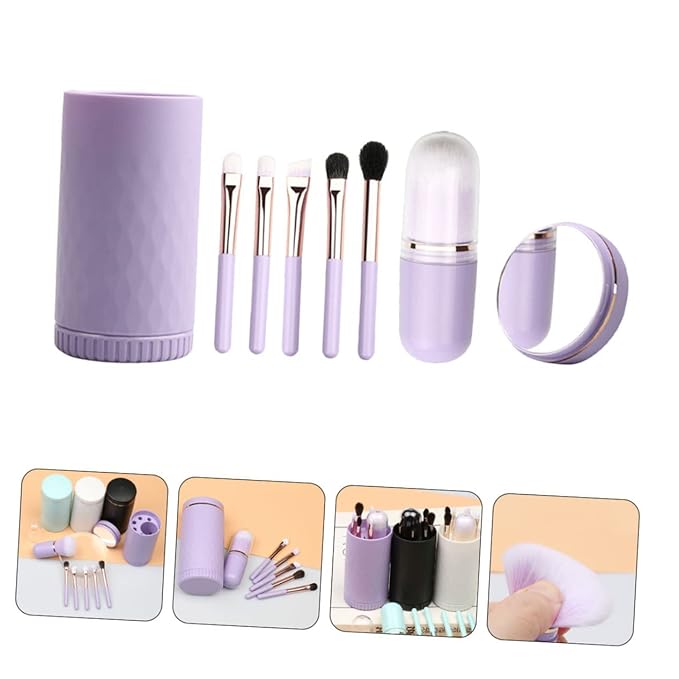 STOBAZA Portable Makeup Brush with Handles Dense Soft Bristles and Built Mirror Compact Case for Loose Powder Eyeshadow Highlight Wear-resistant Cosmetic Brushes for Travel and Daily Use